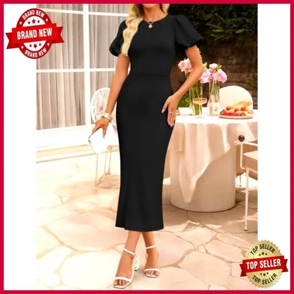 Bodycon Midi Dress Elegant Formal Cocktail Party Wedding Guest Retro Puff - Picture 2 of 7